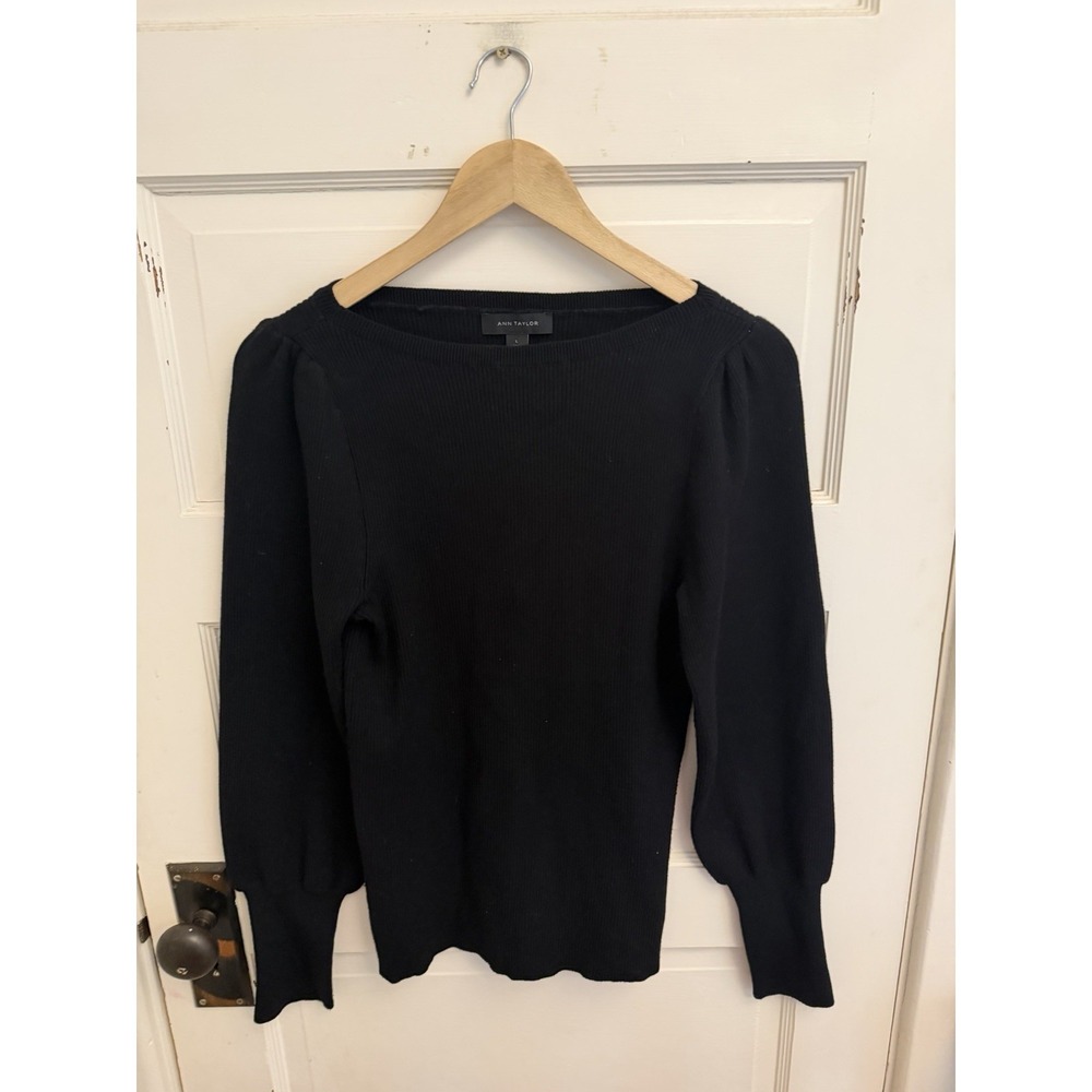 Ann Taylor Women's Black Ribbed Knit Ballon Sleeve Sweater Size Large